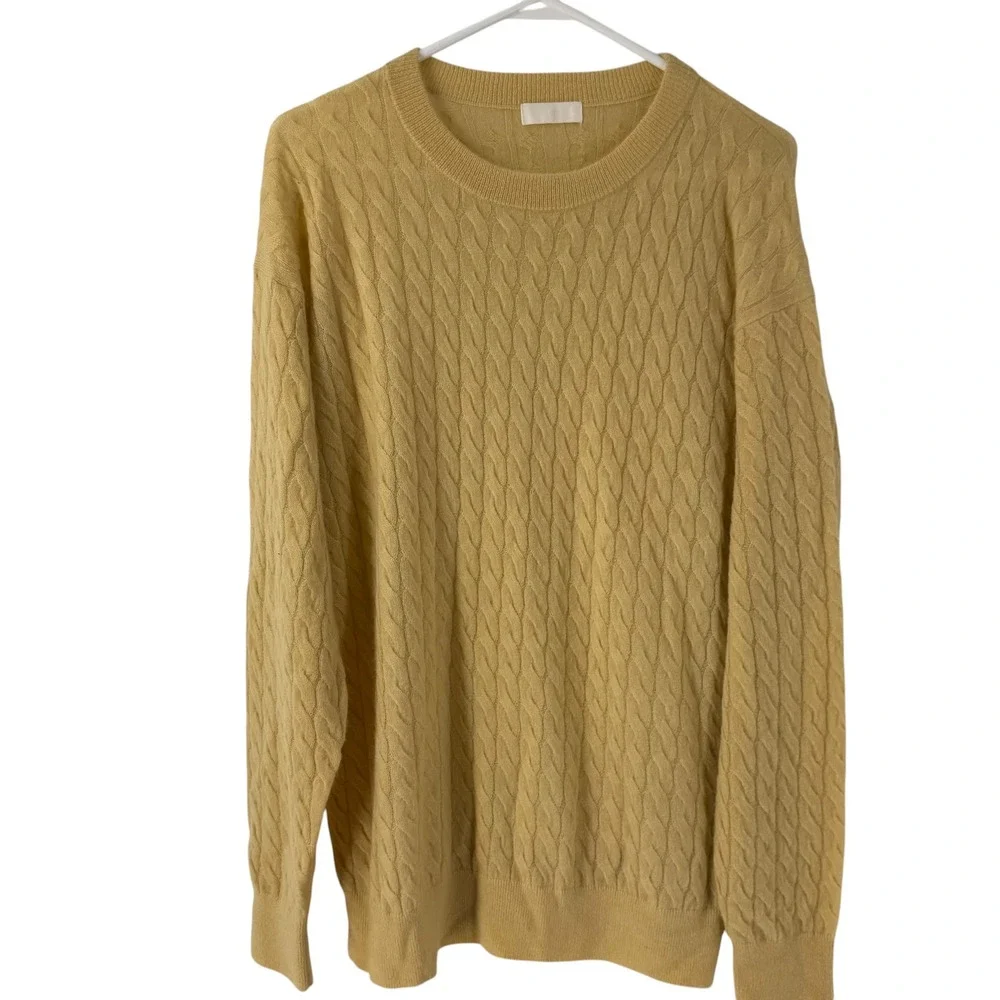 Cashmere Silk Cable Knit Sweater Mens Small pale Yellow  Crew Neck Pullover